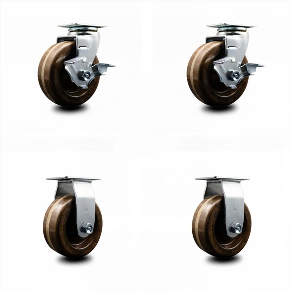 4 Inch High Temp Phenolic Caster Set with Roller Bearings 2 Brakes 2 Rigid SCC